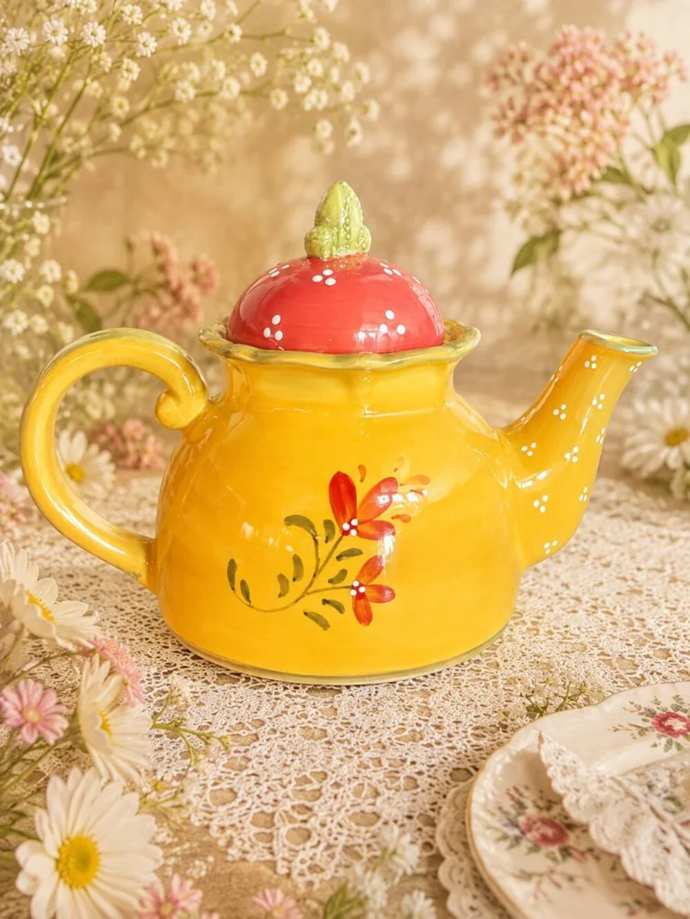 Vintage French Country Teapot & Matching Tea Cup Bienvenue by Demdaco
